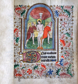 CREATING THE “OTHER”: An illustration of Jews assailing Jesus, from a 15th-century French prayer book in the Goldfarb Library archives.